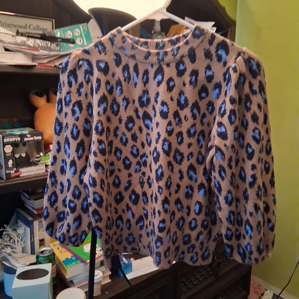 Ann Taylor Tan and Blue Leopard Print Sweater